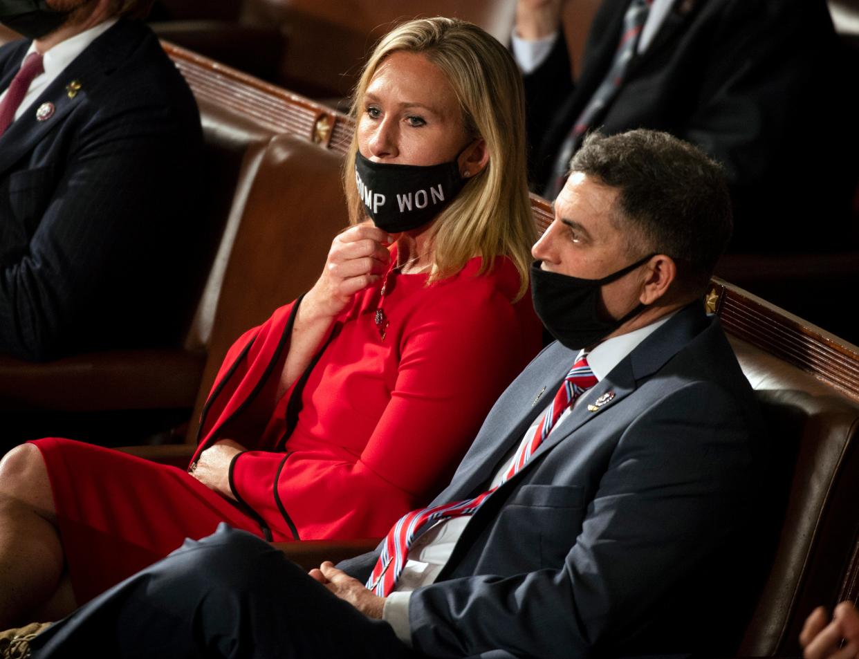 Georgia Republican Congresswoman Marjorie Taylor Greene on the House floor wearing a mask that isn’t covering her nose. (Getty Images)