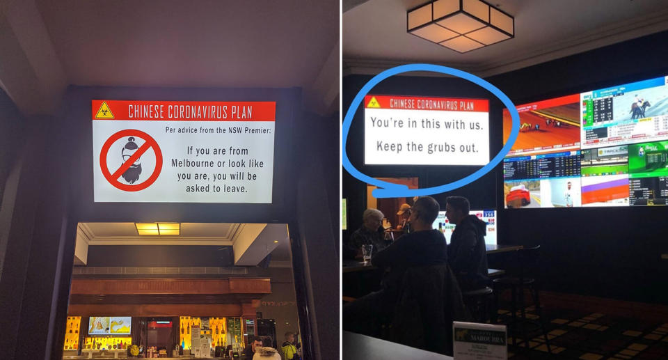 Two signs inside the Maroubra Junction Hotel, which have been blasted as racist.