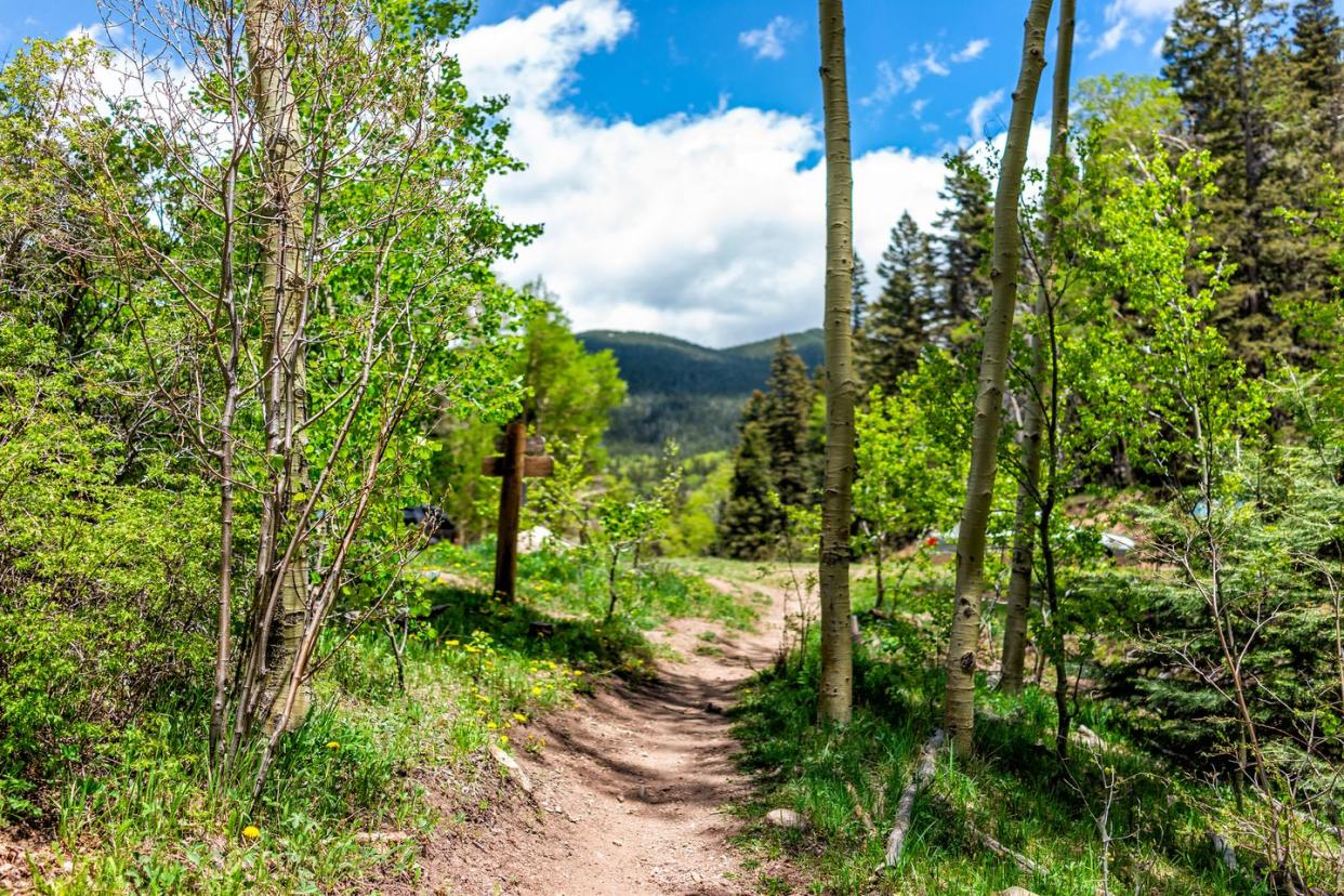 santa fe national forest park trail with sign entrance at trailhead sangre de cristo mountains and green aspen trees by parking lot