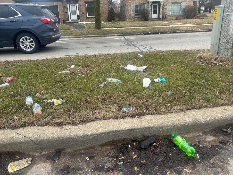 The intersection near Roosevelt Drive and Sherman Blvd., on March 6, 2023, has become a dumping ground for plastic bottles, fast-food containers, and liquor bottles. Drivers toss their trash out the window without while waiting at red lights.