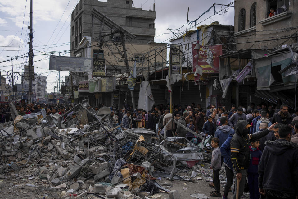 Palestinians check destruction after an Israeli strikea in Rafah, Gaza Strip, Monday, March 4, 2024. (AP Photo/Fatima Shbair)