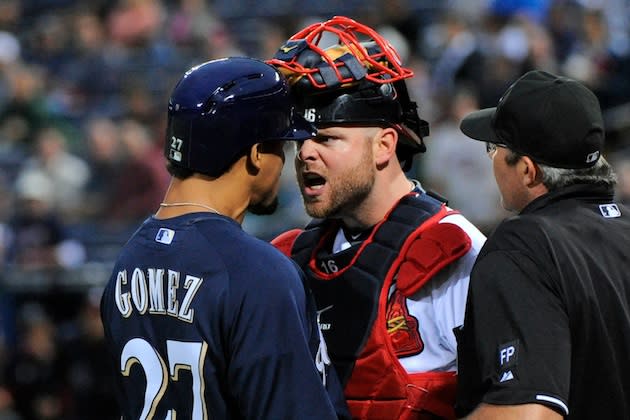 Atlanta Braves Catcher Brian McCann looks on during the game