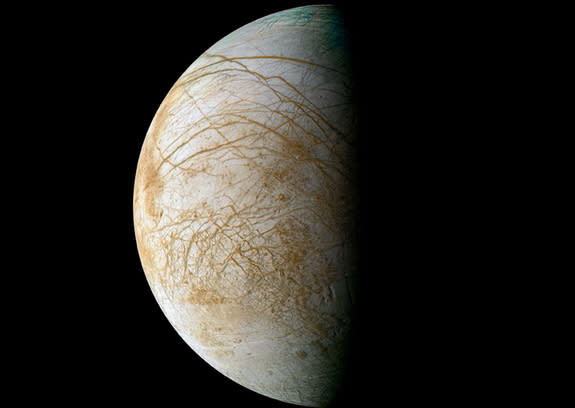 Complex and beautiful patterns adorn the icy surface of Jupiter's moon Europa, as seen in this color image intended to approximate how the satellite might appear to the human eye. The data used to create this view were acquired by NASA's Galile