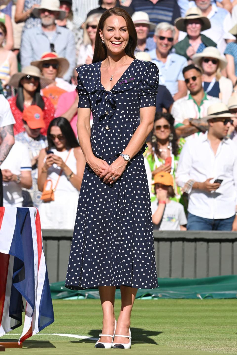 <p>For the men's final on July 10, Kate popped in polka dots once again. She chose another Alessandra Rich design paired with her pumps also by the brand.</p>
