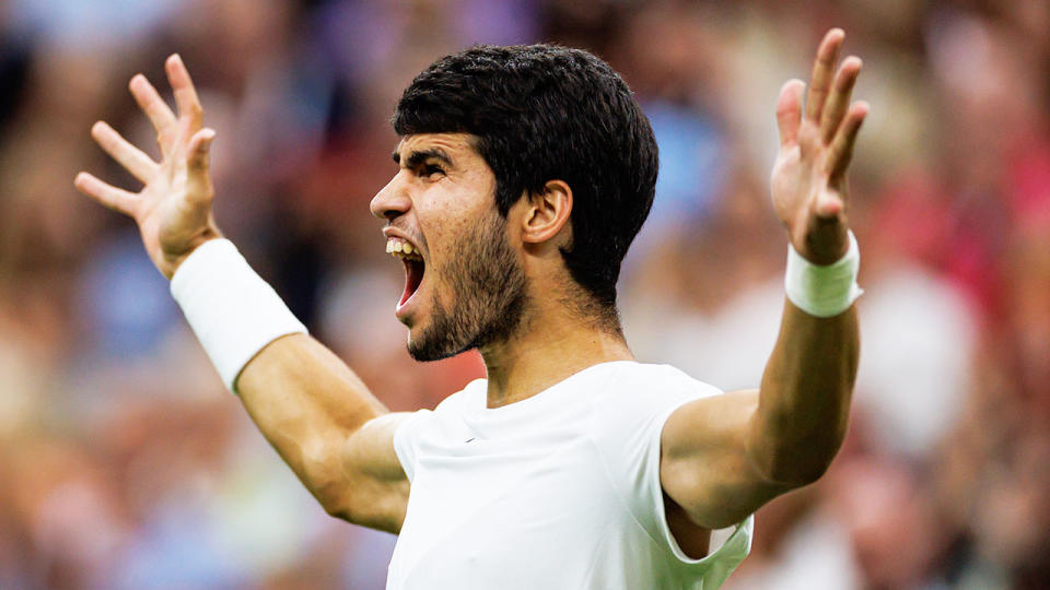 Seen here, Carlos Alcaraz celebrates after beating Daniil Medvedev in their Wimbledon semi-final.