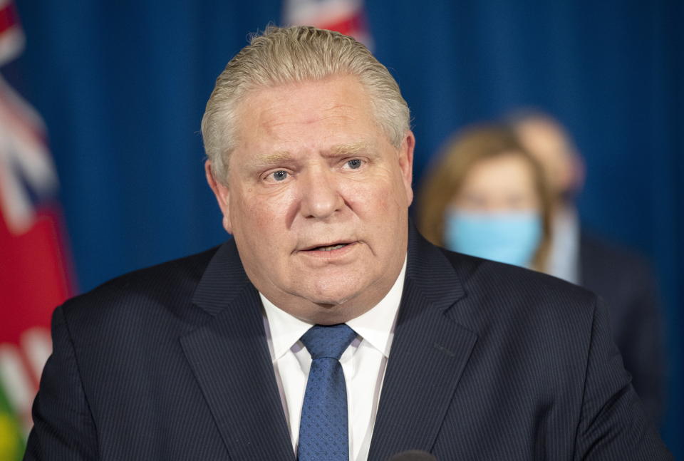 Ontario Premier Doug Ford speaks at a news conference at Queen's Park in Toronto on Tuesday Jan. 12, 2021 to announce a state of emergency and stay at home order for the province of Ontario. (Frank Gunn/The Canadian Press via AP)