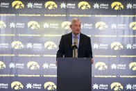 Iowa coach Kirk Ferentz speaks to reporters during a college football media day, Friday, Aug. 12, 2022, in Iowa City, Iowa. (AP Photo/Charlie Neibergall)