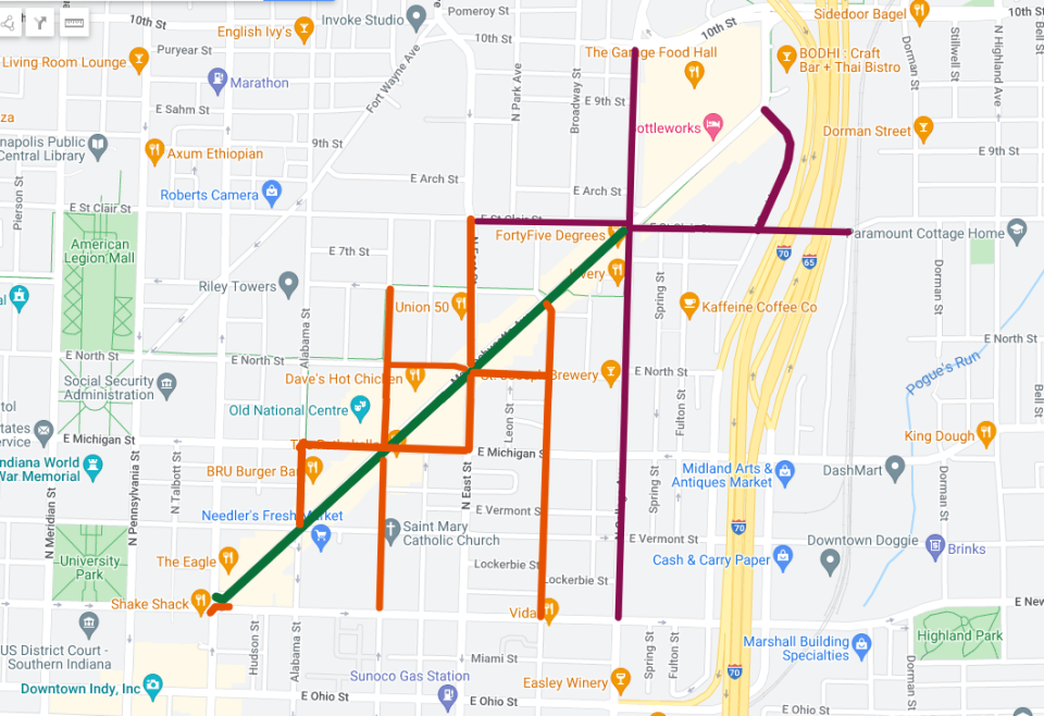 These are the road closures planned for the Indy Pride 2022 parade Saturday, June 11. Routes marked in burgundy are closing at 8 a.m., orange at 9:30 a.m. and green at 9:45 a.m.