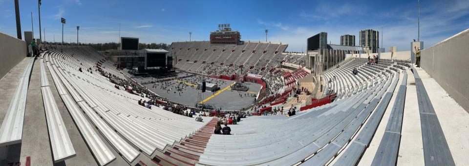 This panoramic photo was taken around 1:30 p.m. on Monday, April 8, 2024, at Memorial Stadium where the Hoosier Cosmic Celebration is happening.