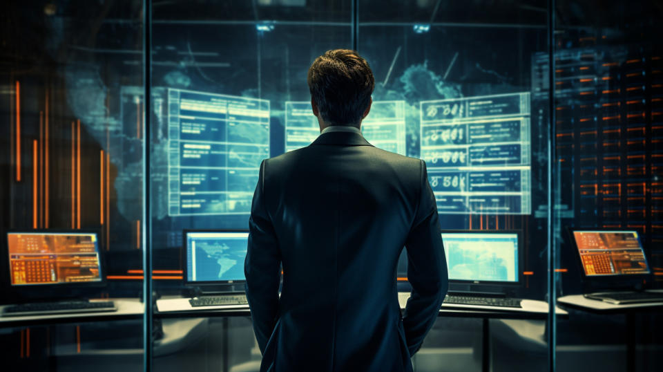 A businessman in a suit standing in front of a large payment processing system workstation.