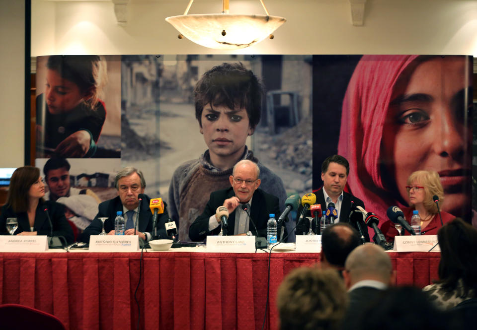 UNICEF Executive Director Anthony Lake, center, speaks during a joint press conference with UN High Commissioner for Refugees Antonio Guterres, second left, chief executive of Save the Children Justin Forsyth, second right, World Vision Regional Director Conny Lenneberg, right, and Mercy Corps VP of Global Engagement Advocacy Andrea Koppel, left, in Beirut, Lebanon, Saturday, March 15, 2014. Aid agencies said that every statistic surrounding Syrian children had worsened as the conflict entered its fourth year, warning an entire generation of Syrians was now in danger. (AP Photo/Bilal Hussein)