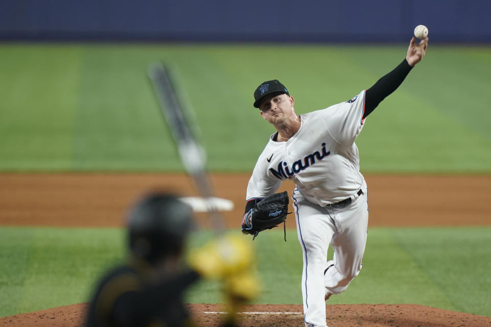 Miami Marlins' Braxton Garrett pitches to Pittsburgh Pirates' Ke'Bryan Hayes during the fifth inning of a baseball game, Thursday, July 14, 2022, in Miami. (AP Photo/Wilfredo Lee)