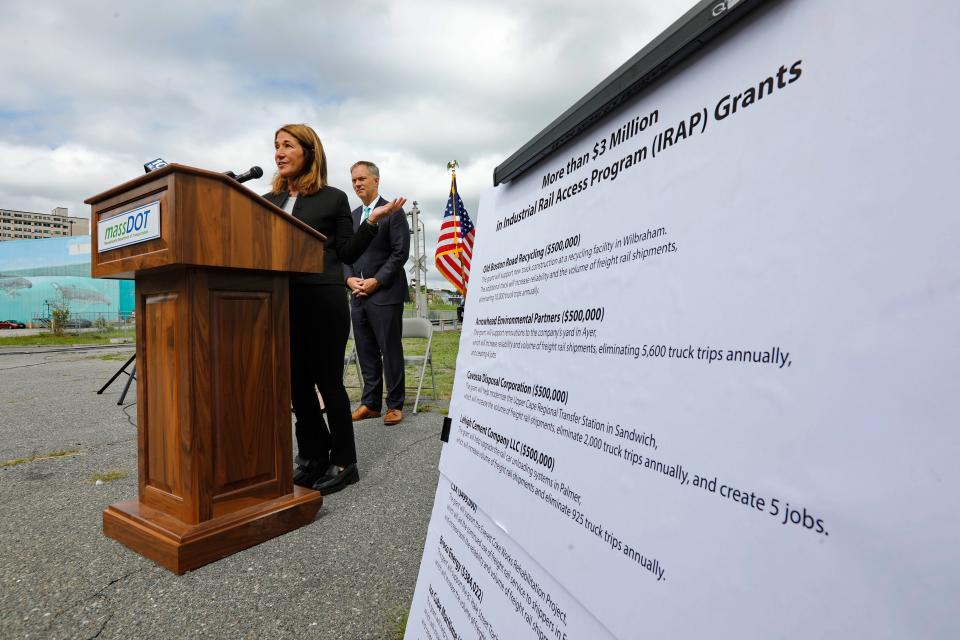 Lt. Governor Karyn Polito speaks during the awarding of an Industrial Rail Access Program grant of $361,669 to Ice Cube Maritime in New Bedford.