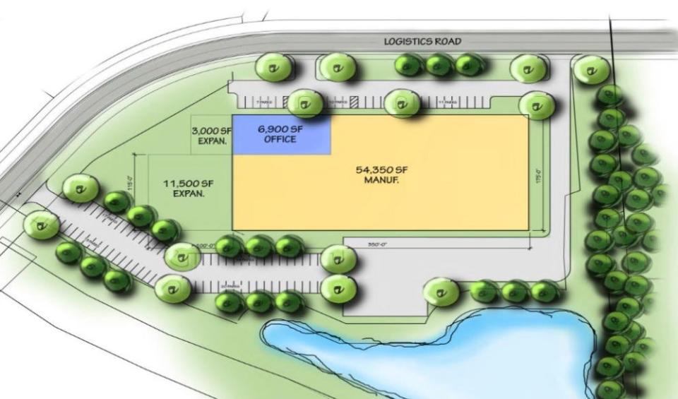 A map shows a parcel of land included in a potential bid from Coastal Millwork Supply and Risley Padula in the Blue Clay Business Park in northern New Hanover County.