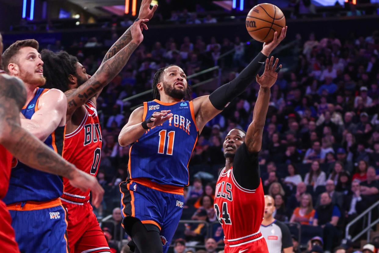 Apr 14, 2024; New York, New York, USA; New York Knicks guard Jalen Brunson (11) drives past Chicago Bulls guard Javonte Green (24) in the first quarter at Madison Square Garden. Mandatory Credit: Wendell Cruz-USA TODAY Sports