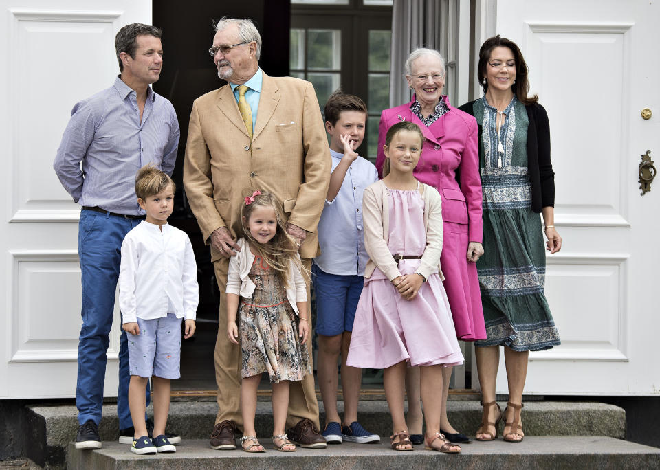 Danish royal house poses on front steps in the inner courtyard for the annual photo session on July 15, 2016 at Graasten Castle in Denmark.  (From L-R) Crown Prince Frederik, Prince Vincent, Prince Henrik, Princess Josephine, Prince Christian, Princess Isabella, Queen Margrethe and Crown Princess Mary. / AFP / Scanpix Denmark / Henning Bagger / Denmark OUT        (Photo credit should read HENNING BAGGER/AFP via Getty Images)