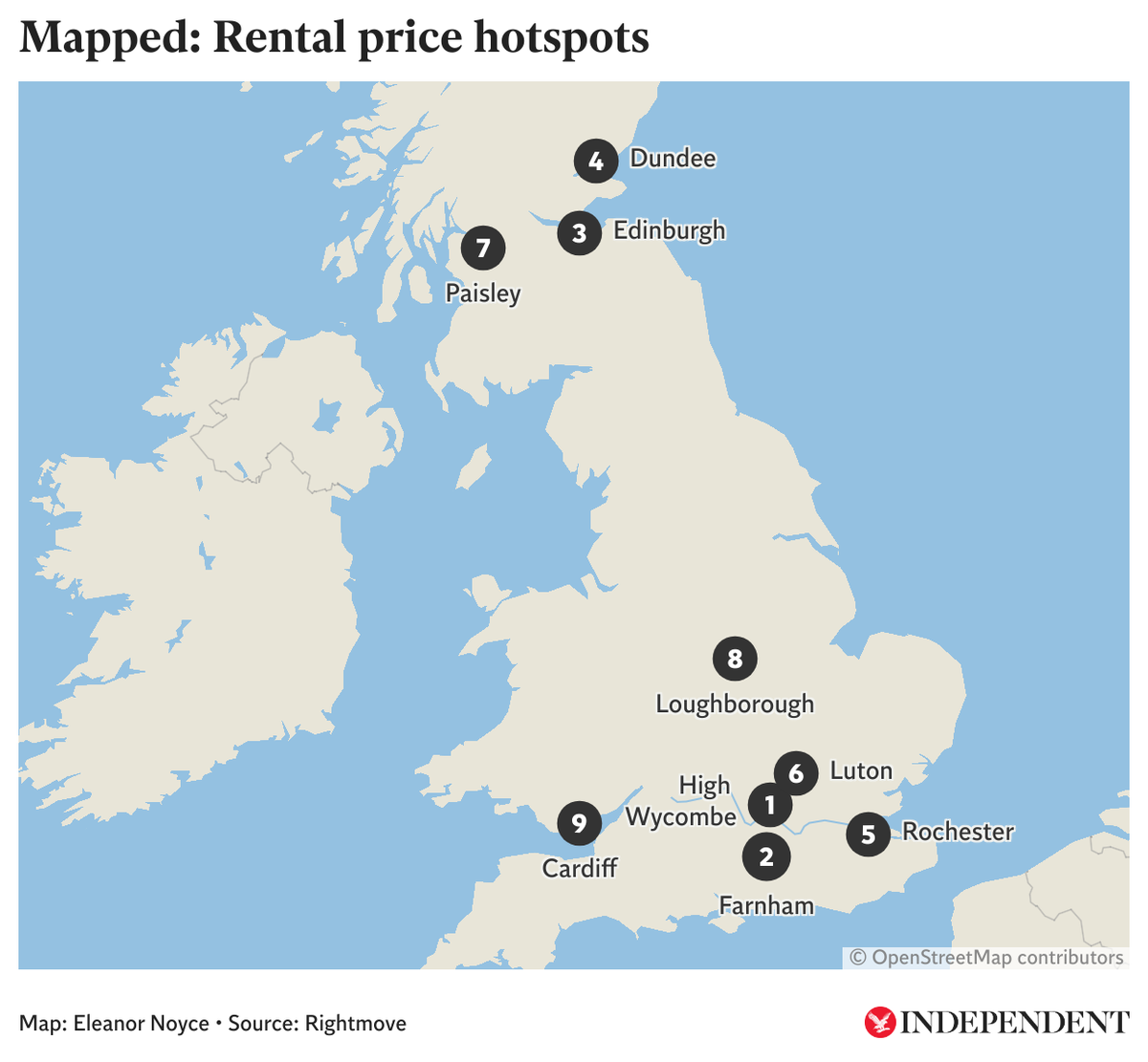 Mapped: Rental price hotspots with the largest annual increases (The Independent/Datawrapper)