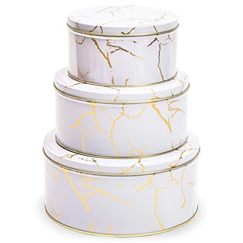 5) White Marble Cookie Tins With Lids, Gold Print (3-Pack)