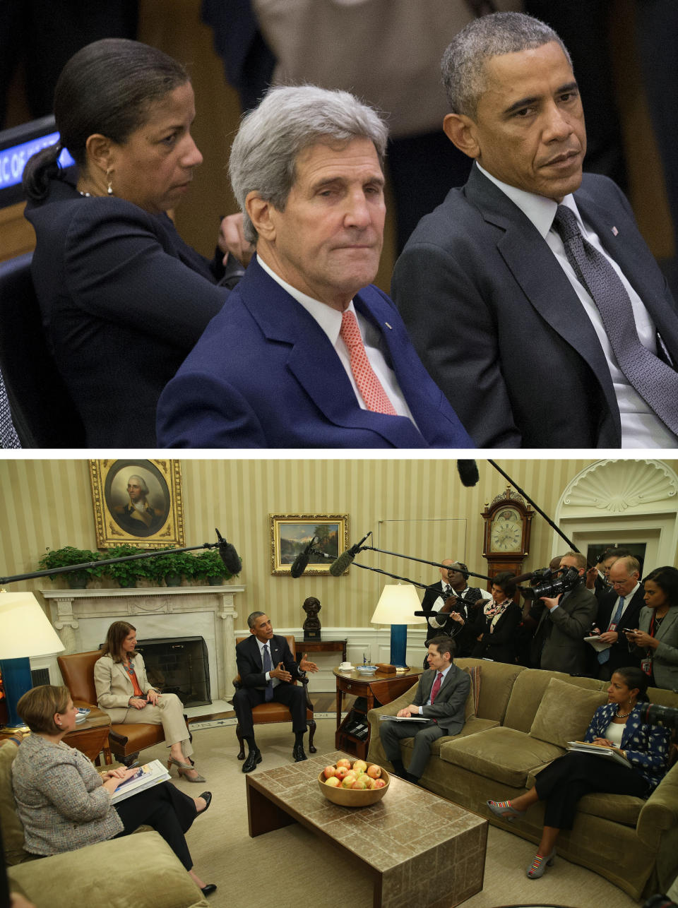 Top: President Obama, accompanied by National Security Adviser Susan Rice and Secretary of State John Kerry, listens before speaking about the Ebola epidemic, Sept. 25, 2014, at the United Nations General Assembly. Bottom: President Obama speaks to the media about the fight against the Ebola virus during a meeting with his Ebola Response Team in the Oval Office, Oct. 16, 2014.