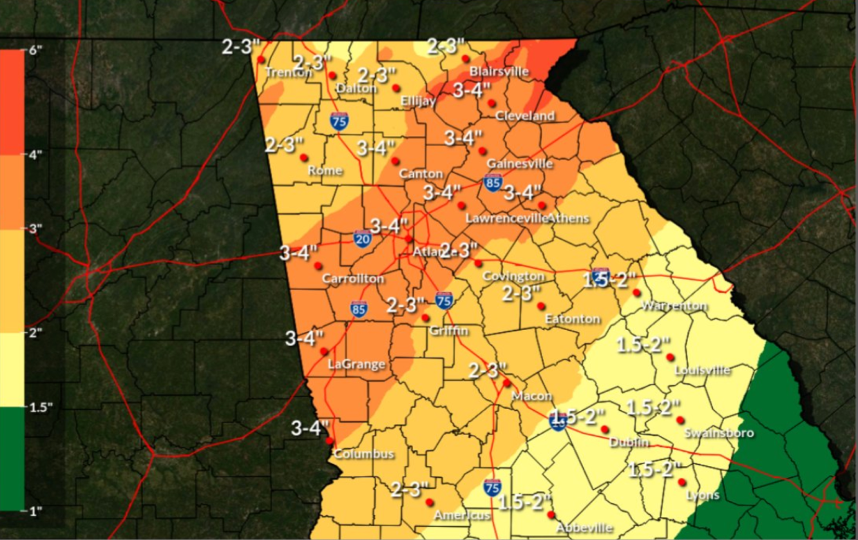 Predicted rainfall totals across Georgia for Jan. 9