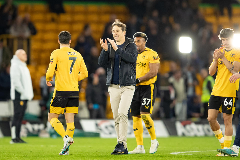 Julen Lopetegui, manager of Wolves applauds the fans afterduring the Premier League match between Wolverhampton Wanderers and Crystal Palace at Molineux, Wolverhampton on Tuesday 25th April 2023. (Photo by Gustavo Pantano/MI News/NurPhoto via Getty Images)