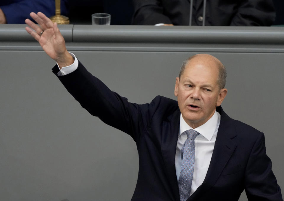 Social Democratic candidate for Chancellor Olaf Scholz listens during a debate about the situation in Germany ahead of the upcoming national election in Berlin, Germany, Tuesday, Sept. 7, 2021. National elections are scheduled in Germany for Sept. 26, 2021. (AP Photo/Markus Schreiber)