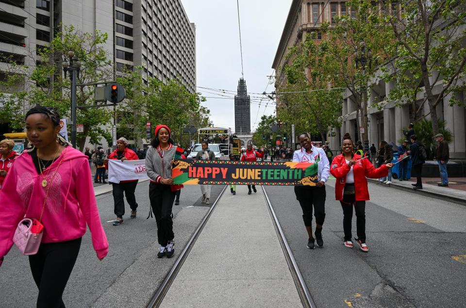 Event participants are seen during Juneteenth celebration and parade in San Francisco, California, United States on June 10, 2023. / Credit: Tayfun Coskun/Anadolu Agency via Getty Images