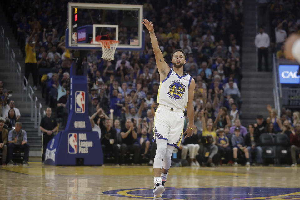 Stephen Curry。（AP Photo/Jeff Chiu）