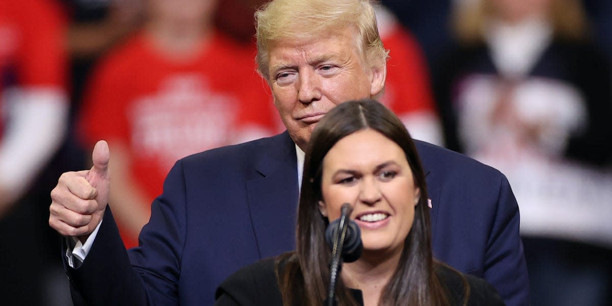 Former White House Press Secretary Sarah Huckabee Sanders joins U.S. President Donald Trump as he rallies with supporters in Des Moines, Iowa, U.S. January 30, 2020. REUTERS/Jonathan Ernst