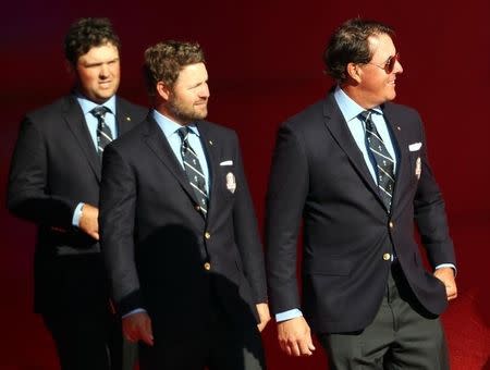 Sep 29, 2016; Chaska, MN, USA; Phil Mickelson of the United States enters for the Opening Ceremony for the 41st Ryder Cup at Hazeltine National Golf Club. Mandatory Credit: Rob Schumacher-USA TODAY Sports