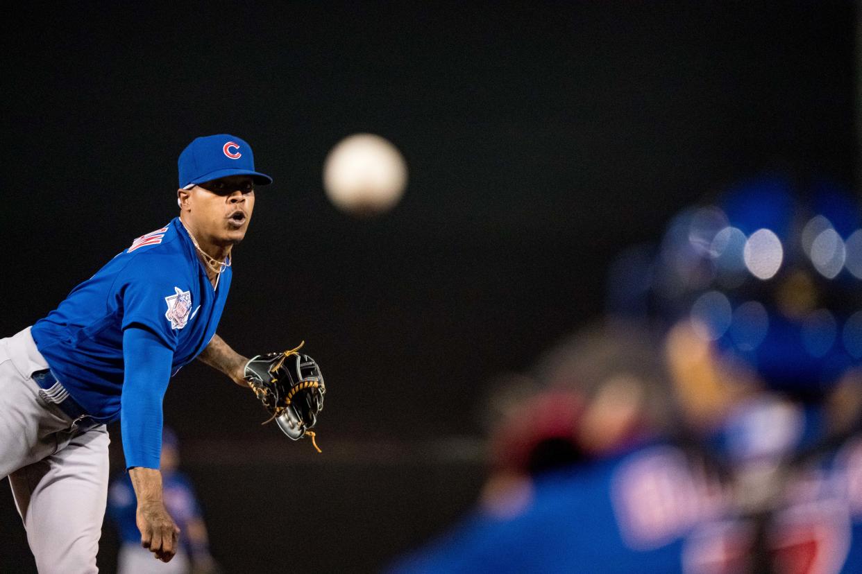 Chicago Cubs pitcher Marcus Stroman on the mound against the San Francisco Giants during spring training at Scottsdale Stadium.