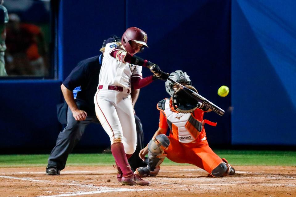 Florida State outfielder Kaley Mudge (6) hits a home run in the fourth inning during a softball game between Oklahoma State Cowgirls (OSU) and the Florida State Seminoles in the Women's College World Series at USA Softball Hall of Fame Stadium in Oklahoma City, on Thursday, June 1, 2023.