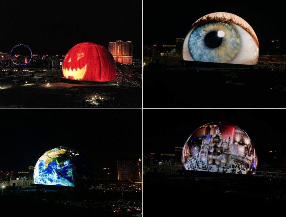 Four images of the Sphere: pumpkin, eye, Earth, and snowglobe with a castle inside.