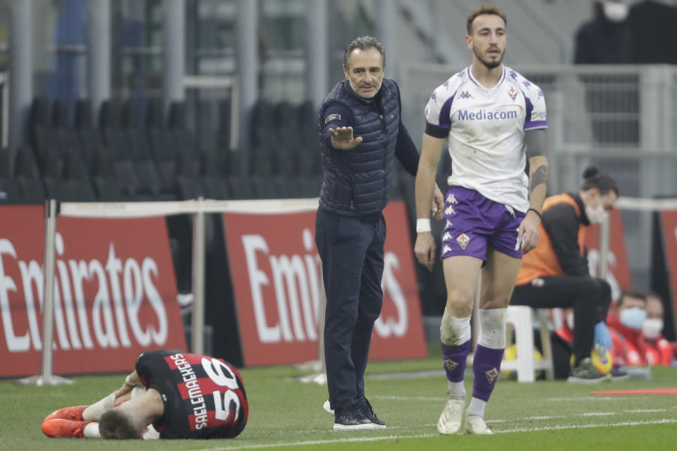Fiorentina's head coach Cesare Prandelli gestures during a Serie A soccer match between AC Milan and Fiornentina, at the San Siro stadium in Milan, Italy, Sunday, Nov. 29, 2020. (AP Photo/Luca Bruno)