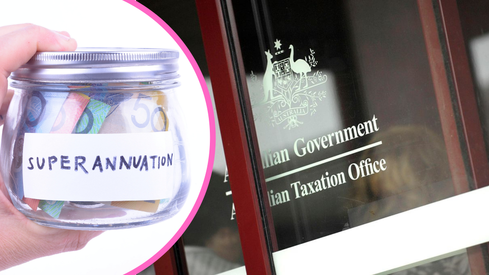 Pictured: Australian Tax Office building, jar of money titled 'superannuation'. Images: Getty