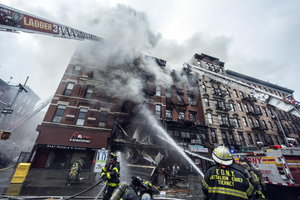 Building at 121 Second Avenue in East Village, near Seventh Street collapsed after it was rocked by a blast and a fierce fire that sent black smoke into the sky.(Photo By: Joe Marino/NY Daily News via Getty Images)