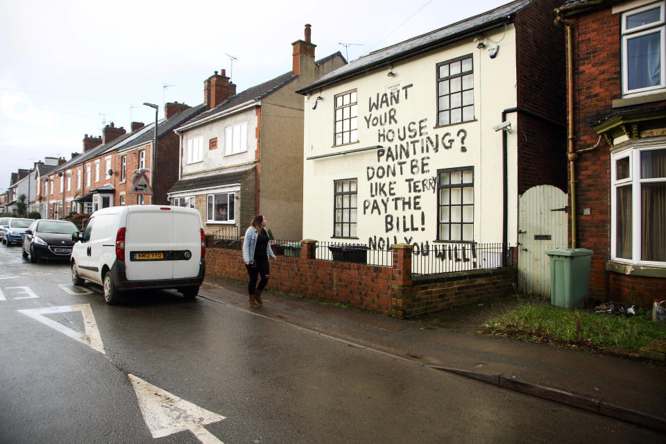 The grafffiti reading  âWant your house painting? Donât be like Terry, pay the bill! Now you will!â on a house on Welbeck Road,in Bolsover,  thought to have been painted in revenge by a person employed to paint the house who had not been paid for their work. January 17 2019. See SWNS story SWLEgraffiti. 