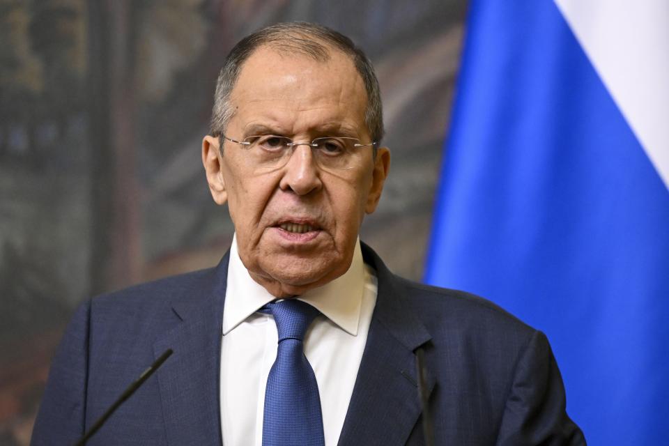 Russian Foreign Minister Sergey Lavrov speaks to the media during a joint news conference with Cuban Foreign Minister Bruno Eduardo Rodríguez Parrilla following their talks in Moscow, Russia, Wednesday, June 12, 2024. (Natalia Kolesnikova/Pool Photo via AP)