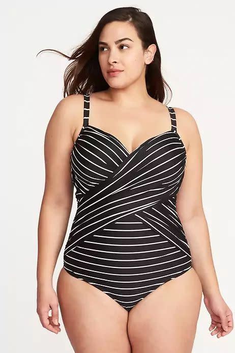 7) Smooth & Slim Plus-Size Wrap-Front Underwire Swimsuit