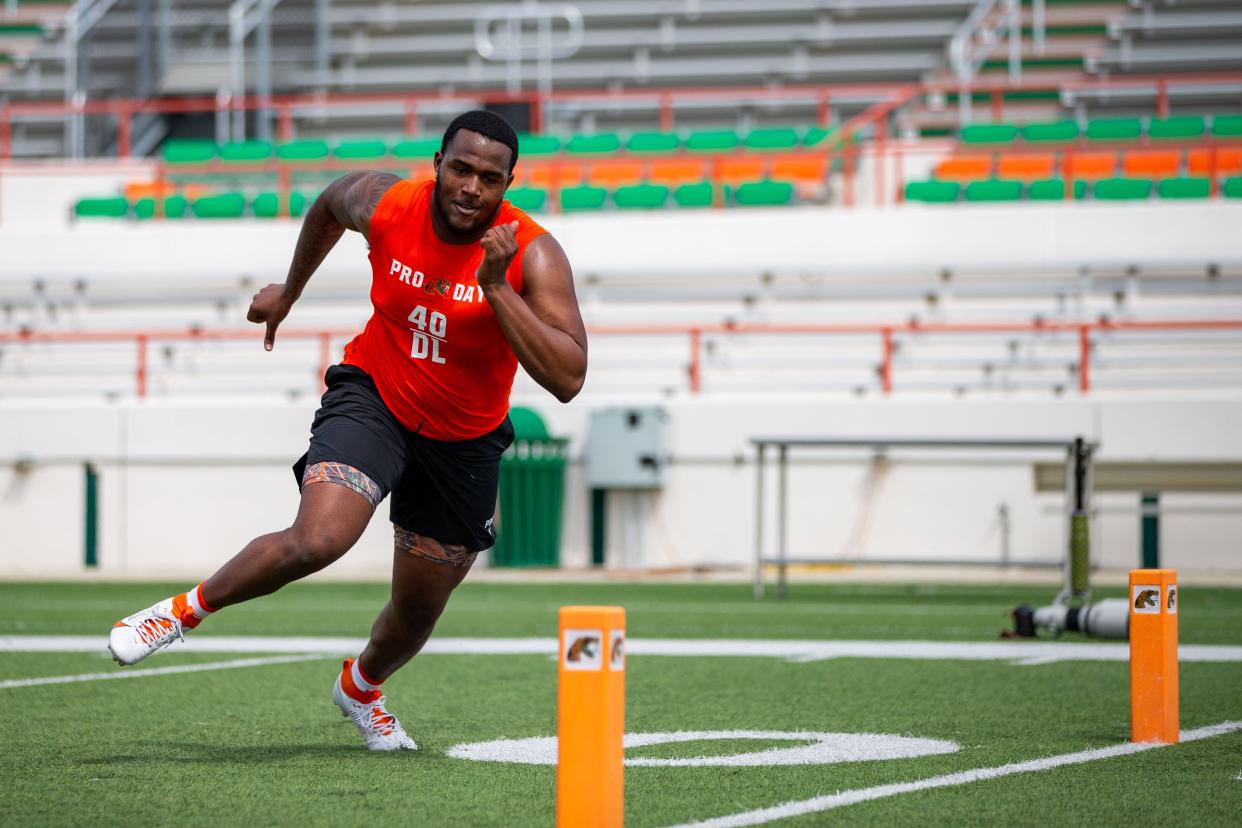 Florida A&M University football players put their skills to the test as they show off for NFL scouts during FAMU Pro Day on Thursday, March 21, 2024.