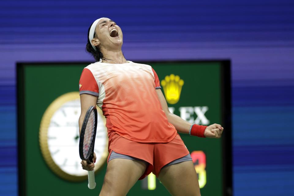 Ons Jabeur, of Tunisia, celebrates winning the match against Veronika Kudermetova, of Russia, during the fourth round of the U.S. Open tennis championships, Monday, Sept. 5, 2022, in New York. (AP Photo/Adam Hunger)