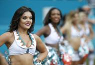 <p>Miami Dolphins cheerleaders perform during the first half of an NFL football game against the Pittsburgh Steelers, Sunday, Oct. 16, 2016, in Miami Gardens, Fla. (AP Photo/Wilfredo Lee) </p>