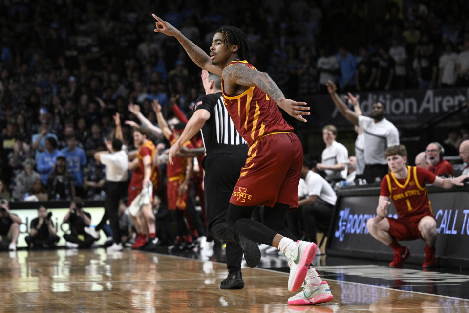 Iowa State guard Keshon Gilbert reacts after scoring a 3-pointer during the first half of an NCAA college basketball game against Central Florida, Saturday, March 2, 2024, in Orlando, Fla. (AP Photo/Phelan M. Ebenhack)