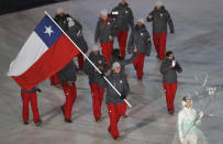 <p>Henrik Von Appen carries the flag of Chile during the opening ceremony of the 2018 Winter Olympics in Pyeongchang, South Korea, Friday, Feb. 9, 2018. (AP Photo/Michael Sohn) </p>