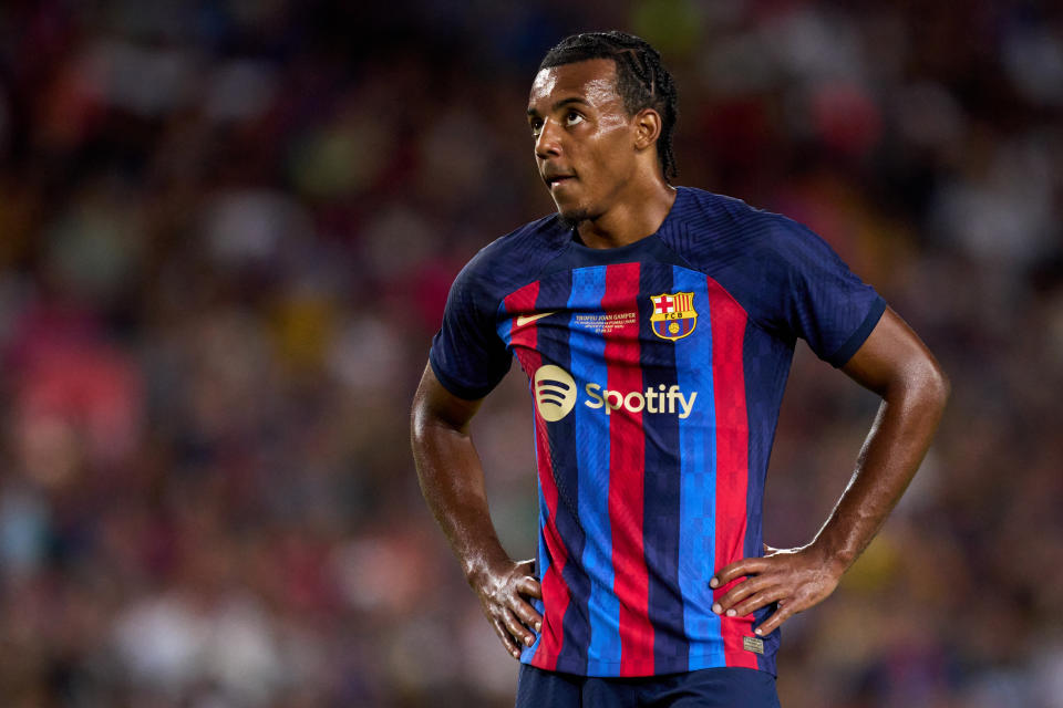 BARCELONA, SPAIN - AUGUST 07: Jules Kounde of FC Barcelona looks on during the Joan Gamper Trophy match between FC Barcelona and Pumas UNAM at Spotify Camp Nou on August 07, 2022 in Barcelona, Spain. (Photo by Alex Caparros/Getty Images)