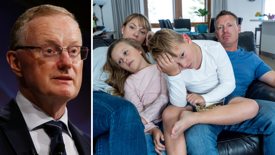 Composite image of RBA Governor Philip Lowe speaking on interest rates and a family sadly sitting on a lounge.