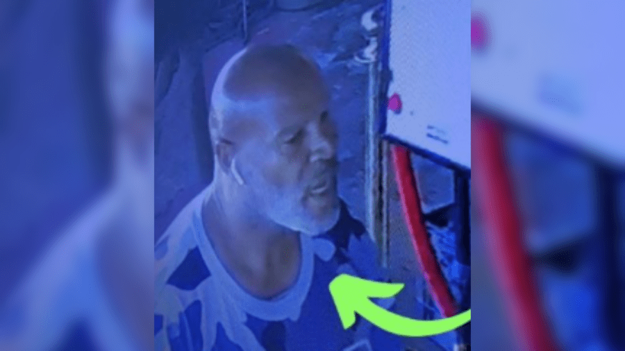 Based on the photo posted to Instagram by the museum, the suspect is a bald man with a light gray beard wearing a blue and gray camouflage shirt and dark colored shorts. (IG/@themysticmuseum)