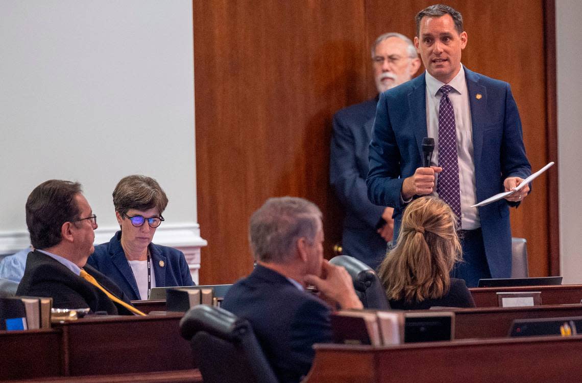 Sen. Graig Meyer, a Caswell, Orange and Person County Democrat,debates the state budget bill Friday, Sept. 22, 2023 on the Senate Floor of the General Assembly. Sen. Meyer raised numerous concerns with public records language in the budget bill. Travis Long/tlong@newsobserver.com