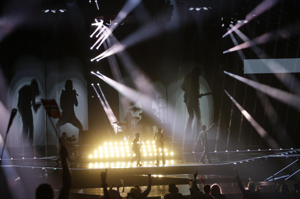 Maneskin from Italy perform Zitti E Buoni after winning the Grand Final of the Eurovision Song Contest at Ahoy arena in Rotterdam, Netherlands, Saturday, May 22, 2021. (AP Photo/Peter Dejong)