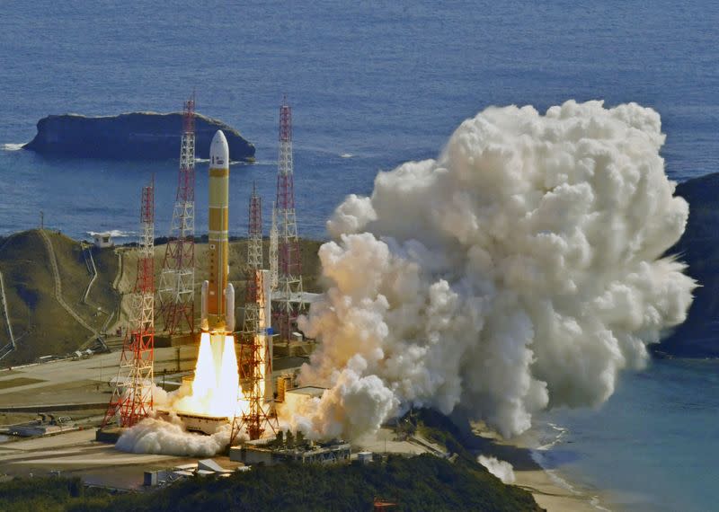 An H3 rocket carrying a land observation satellite lifts off from the launching pad at Tanegashima Space Center on the southwestern island of Tanegashima